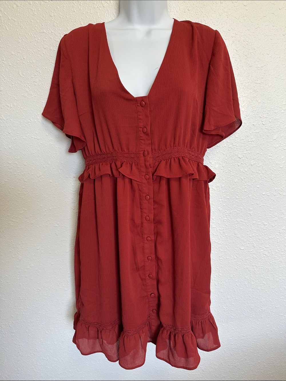 Francesca’s miami Rust Red Button-Front Ruffle Mini Dress Size S/M
